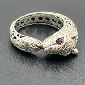 Sterling Silver Panther‎ Scrollwork Intricate Bali Genuine Amethyst Eyes Ring 8